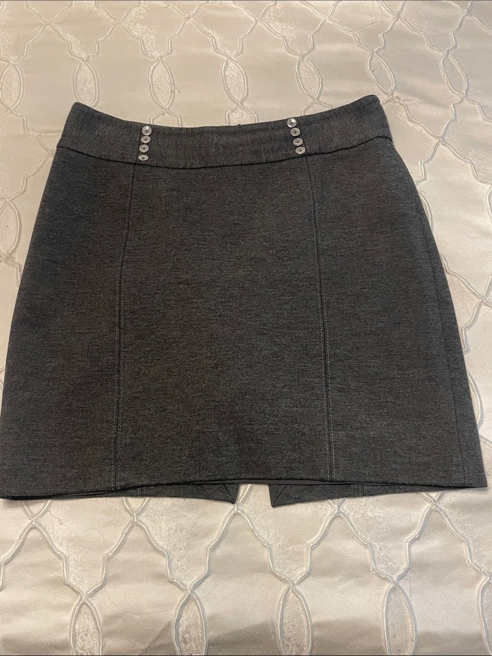 Dark Gray Women's Ponte Mini Skirt with Button Detail